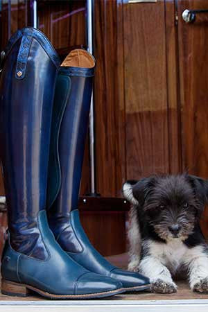 A pair of navy leather dressage boots beside a puppy at a stable doorway